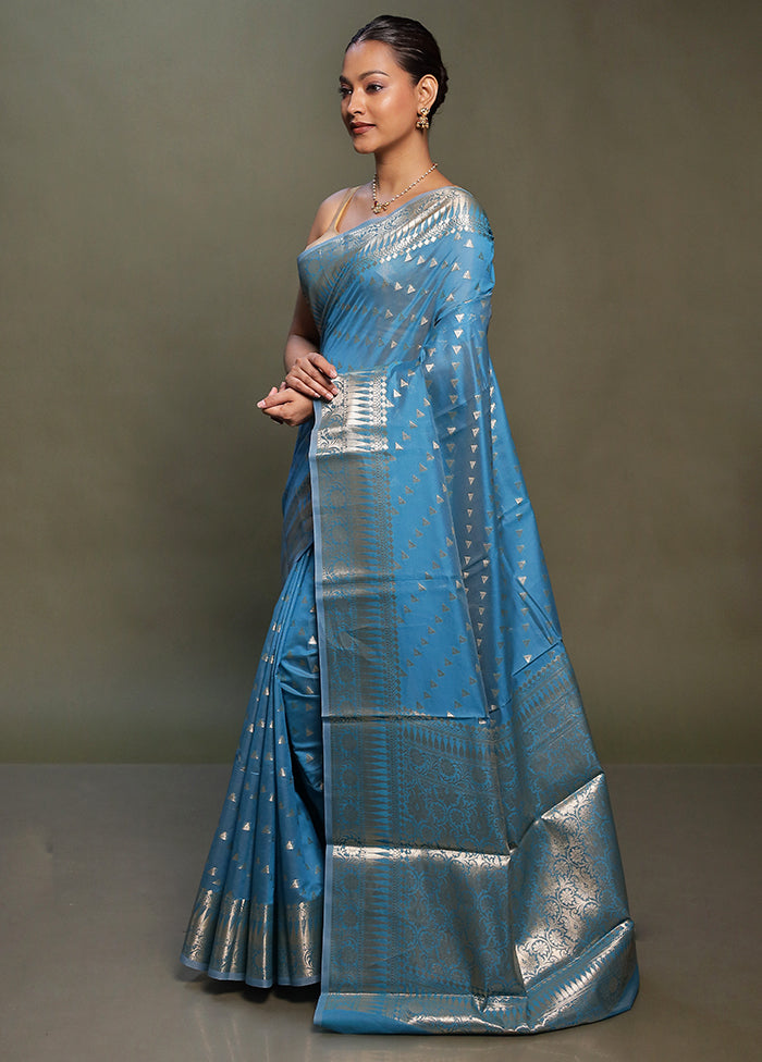 Blue Kora Silk Saree With Blouse Piece
