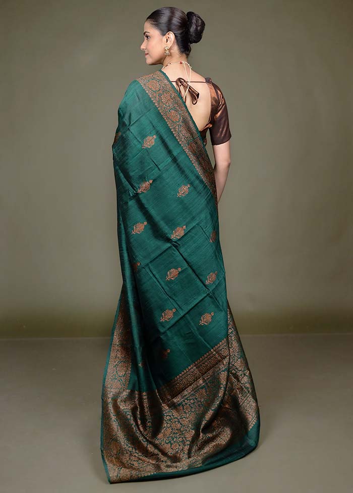 Green Handloom Tussar Pure Silk Saree With Blouse Piece
