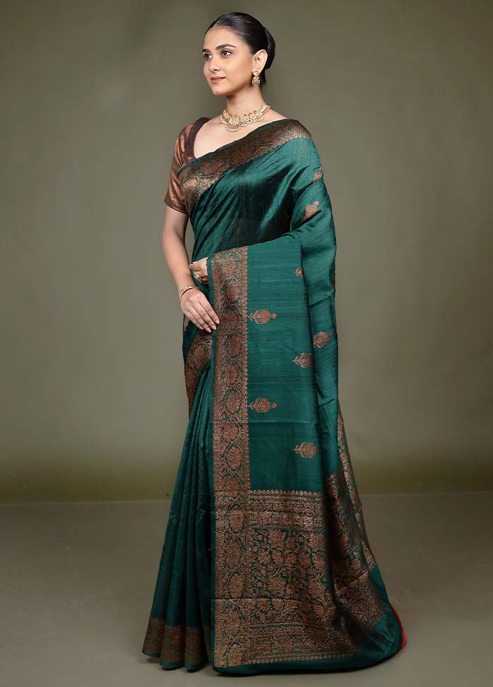 Green Handloom Tussar Pure Silk Saree With Blouse Piece