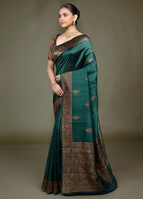 Green Handloom Tussar Pure Silk Saree With Blouse Piece