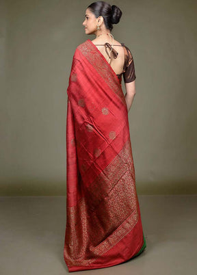 Maroon Handloom Tussar Pure Silk Saree With Blouse Piece