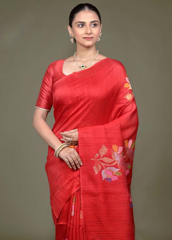 Red Handloom Matka Pure Silk Saree With Blouse Piece