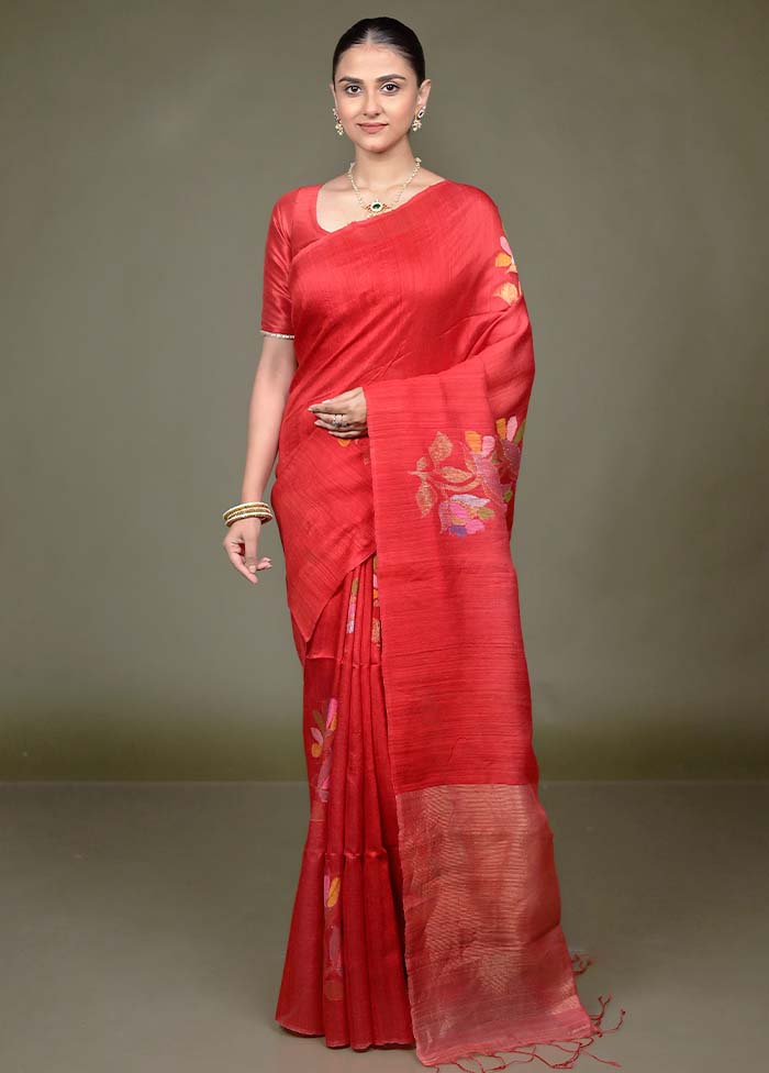 Red Handloom Matka Pure Silk Saree With Blouse Piece