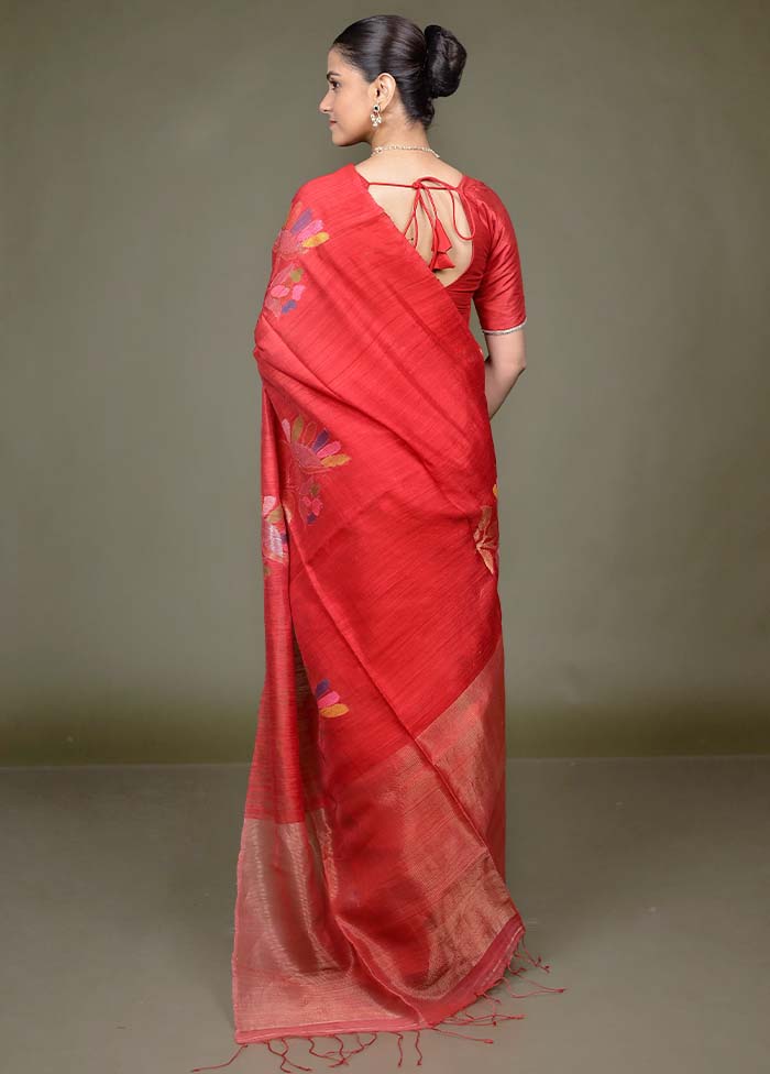 Red Handloom Matka Pure Silk Saree With Blouse Piece