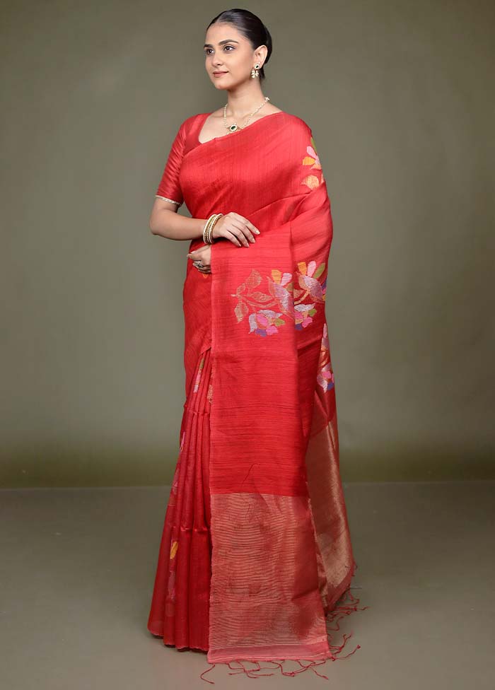 Red Handloom Matka Pure Silk Saree With Blouse Piece