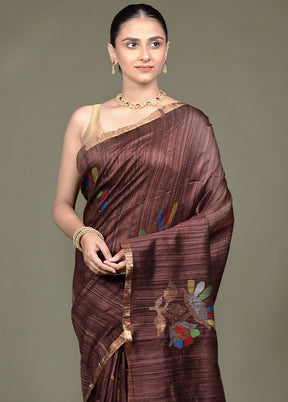 Brown Handloom Matka Pure Silk Saree With Blouse Piece