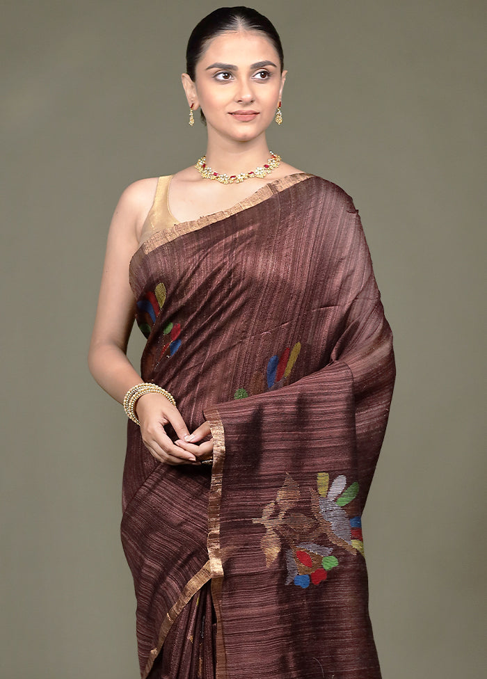 Brown Handloom Matka Pure Silk Saree With Blouse Piece