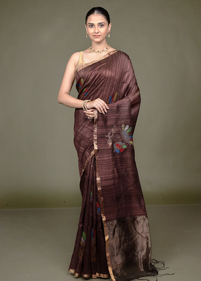 Brown Handloom Matka Pure Silk Saree With Blouse Piece