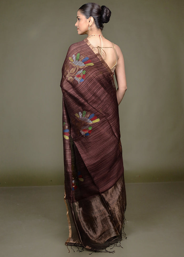 Brown Handloom Matka Pure Silk Saree With Blouse Piece