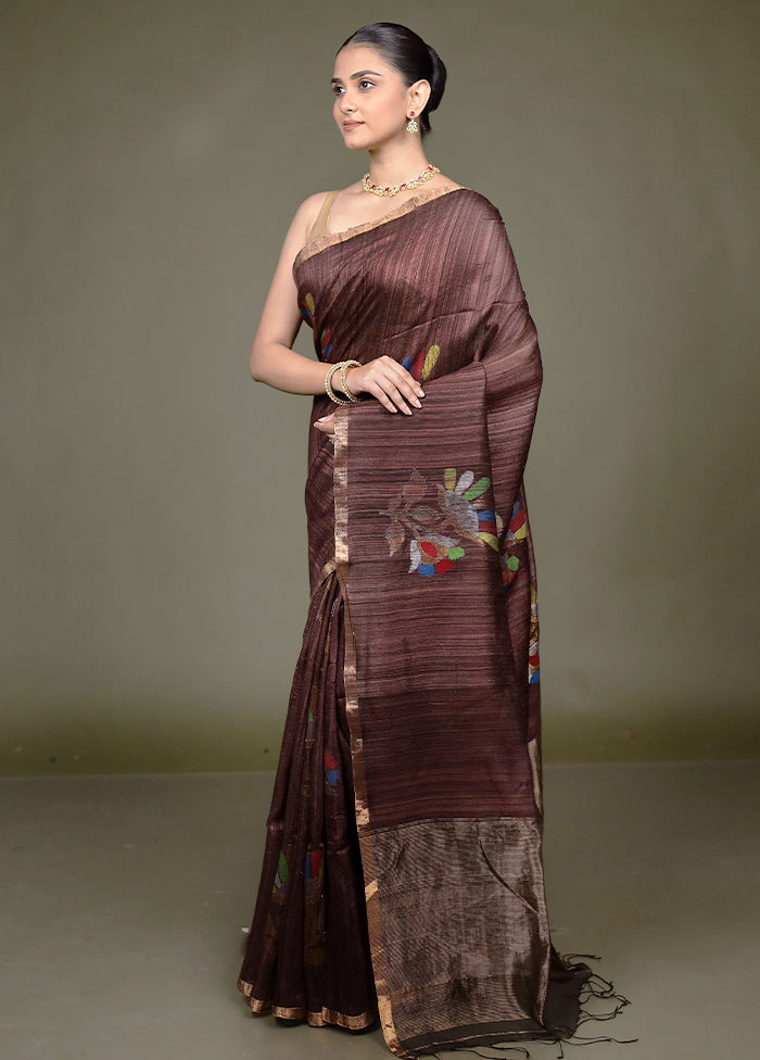 Brown Handloom Matka Pure Silk Saree With Blouse Piece