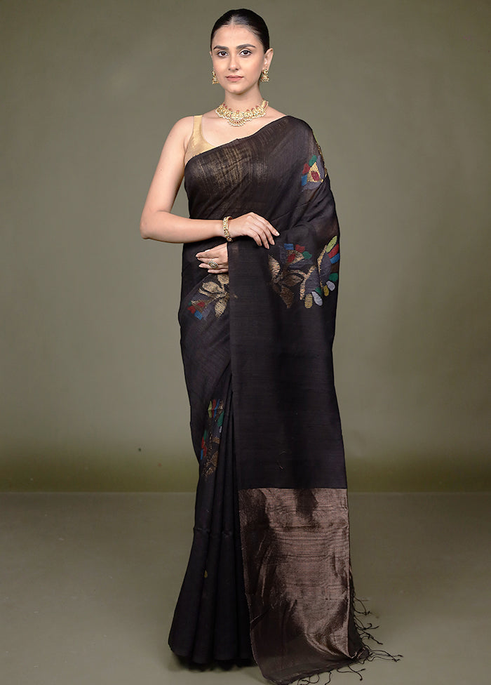 Black Handloom Matka Pure Silk Saree With Blouse Piece