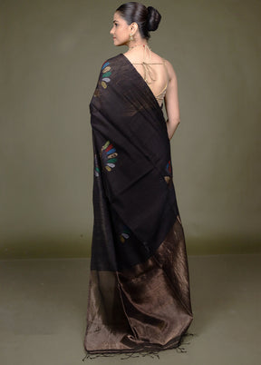 Black Handloom Matka Pure Silk Saree With Blouse Piece