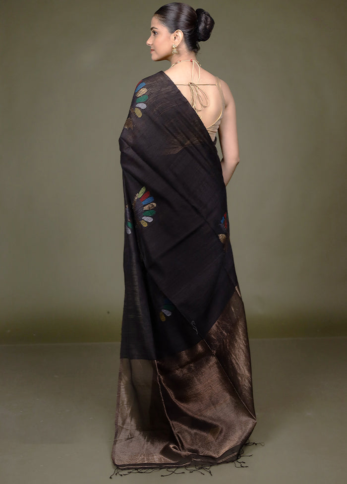 Black Handloom Matka Pure Silk Saree With Blouse Piece