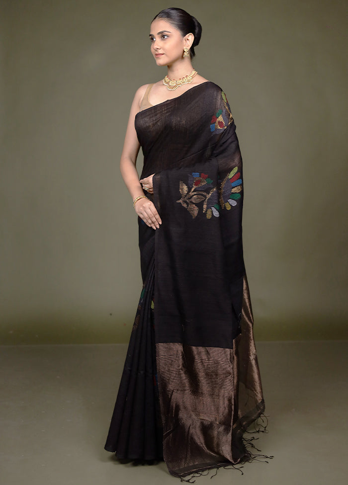Black Handloom Matka Pure Silk Saree With Blouse Piece