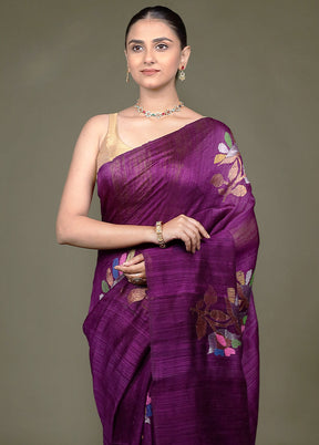 Purple Handloom Matka Pure Silk Saree With Blouse Piece