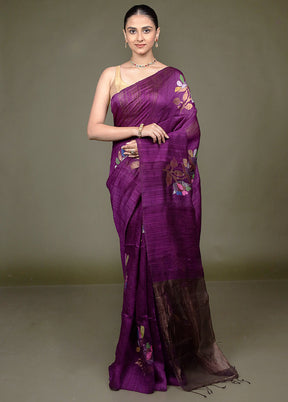 Purple Handloom Matka Pure Silk Saree With Blouse Piece