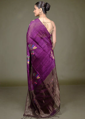 Purple Handloom Matka Pure Silk Saree With Blouse Piece