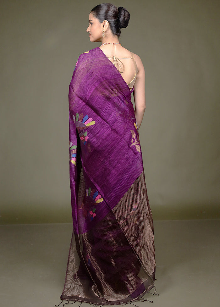 Purple Handloom Matka Pure Silk Saree With Blouse Piece