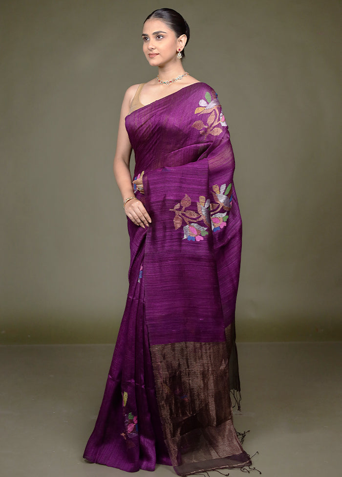 Purple Handloom Matka Pure Silk Saree With Blouse Piece