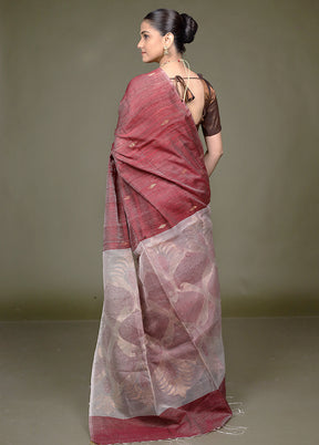 Maroon Handloom Matka Pure Silk Saree With Blouse Piece