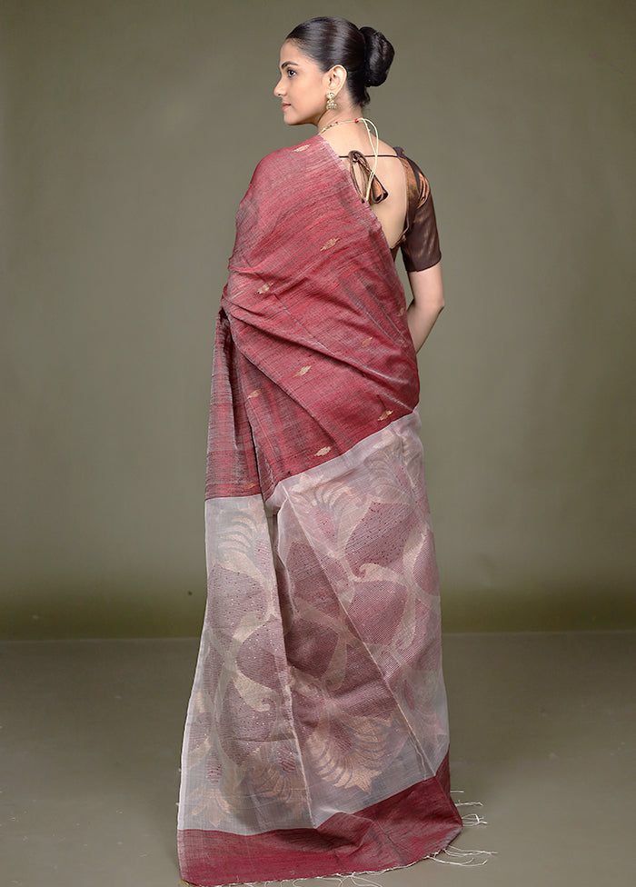 Maroon Handloom Matka Pure Silk Saree With Blouse Piece