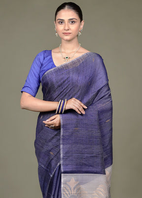 Blue Handloom Matka Pure Silk Saree With Blouse Piece
