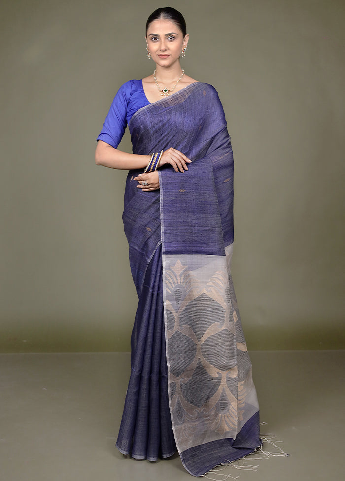 Blue Handloom Matka Pure Silk Saree With Blouse Piece