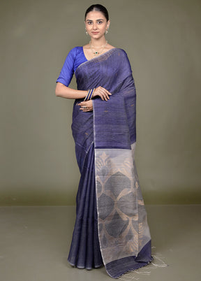 Blue Handloom Matka Pure Silk Saree With Blouse Piece