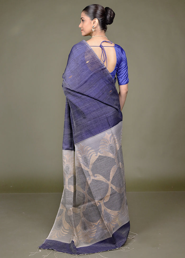 Blue Handloom Matka Pure Silk Saree With Blouse Piece