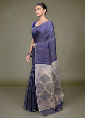 Blue Handloom Matka Pure Silk Saree With Blouse Piece