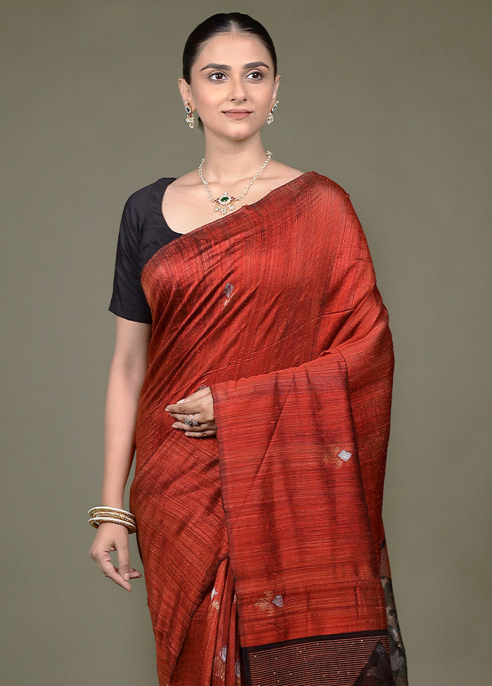 Rust Handloom Matka Pure Silk Saree With Blouse Piece