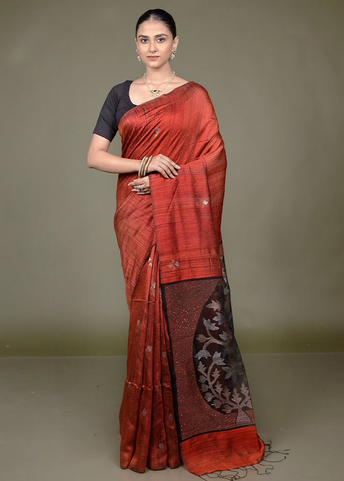 Rust Handloom Matka Pure Silk Saree With Blouse Piece