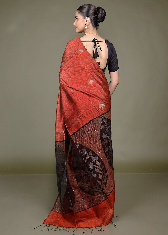 Rust Handloom Matka Pure Silk Saree With Blouse Piece