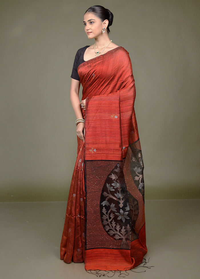 Rust Handloom Matka Pure Silk Saree With Blouse Piece