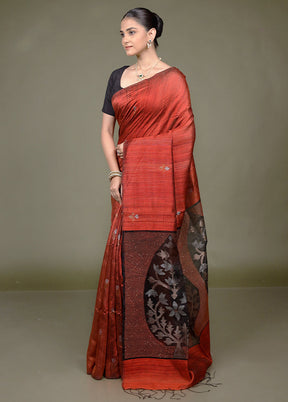Rust Handloom Matka Pure Silk Saree With Blouse Piece