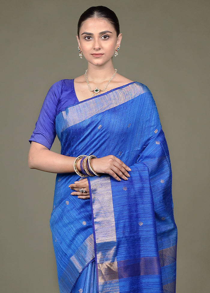 Blue Handloom Matka Pure Silk Saree With Blouse Piece