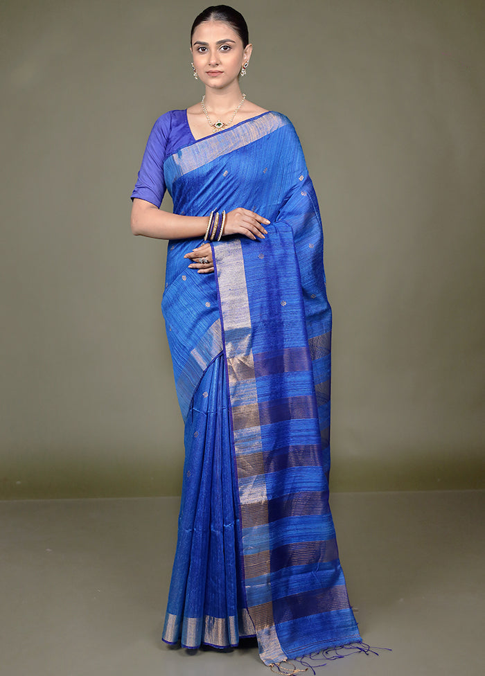 Blue Handloom Matka Pure Silk Saree With Blouse Piece