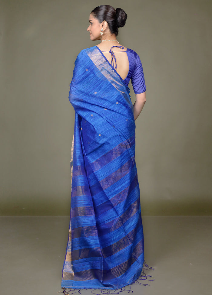 Blue Handloom Matka Pure Silk Saree With Blouse Piece