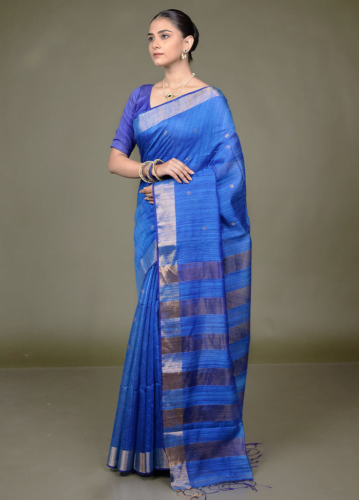 Blue Handloom Matka Pure Silk Saree With Blouse Piece