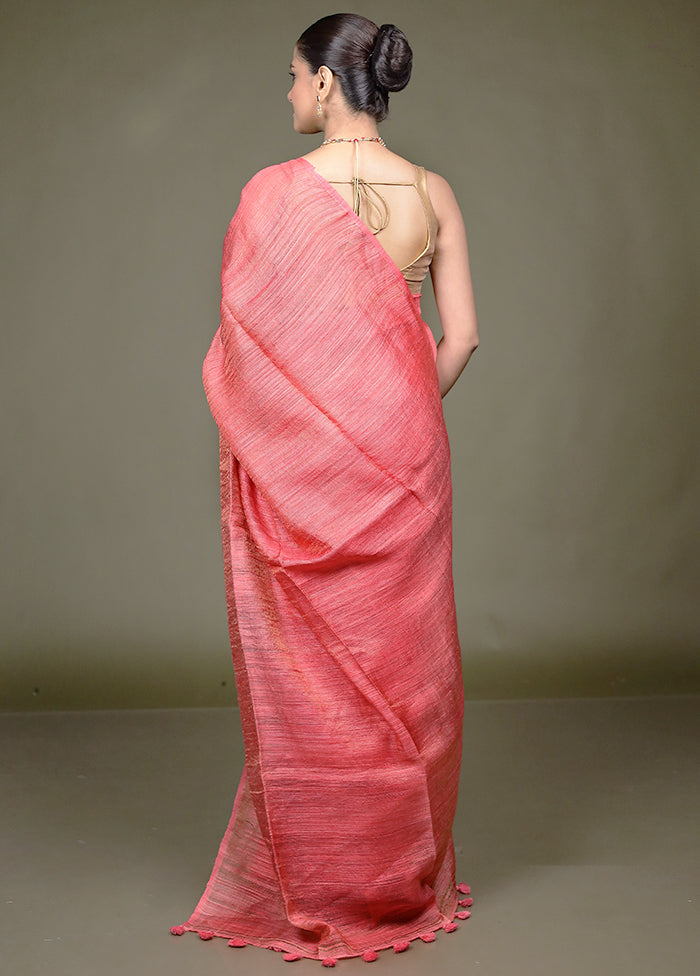 Pink Handloom Matka Pure Silk Saree With Blouse Piece