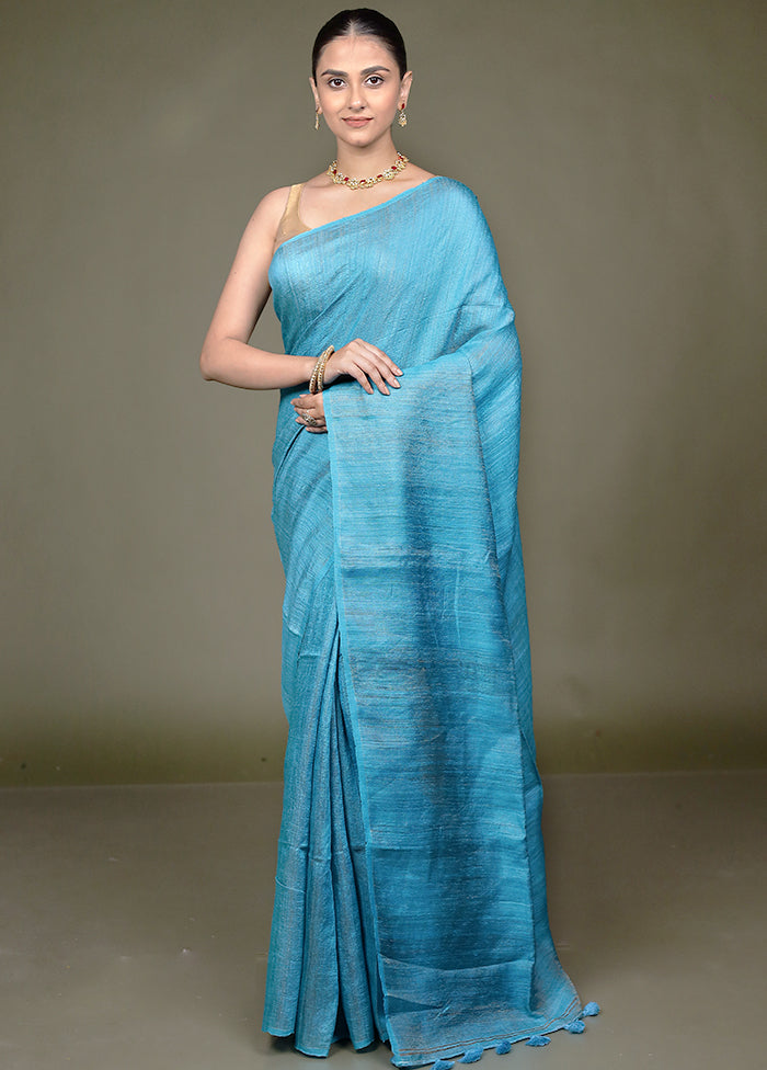 Blue Handloom Matka Pure Silk Saree With Blouse Piece