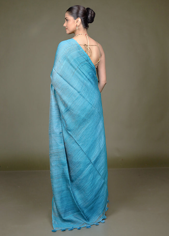 Blue Handloom Matka Pure Silk Saree With Blouse Piece