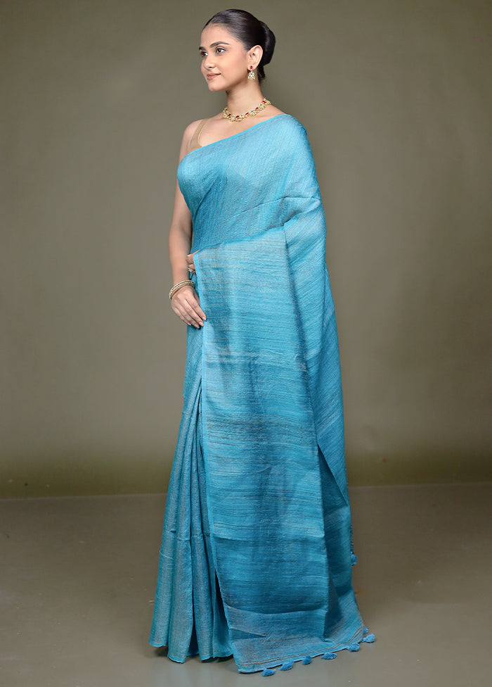 Blue Handloom Matka Pure Silk Saree With Blouse Piece