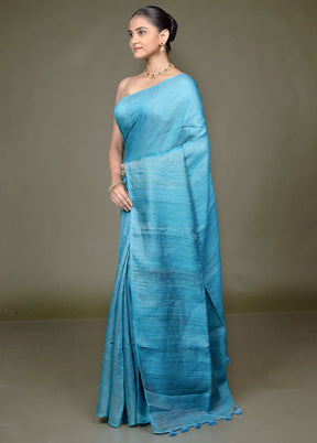 Blue Handloom Matka Pure Silk Saree With Blouse Piece