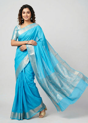 Blue Handloom Dupion Pure Silk Saree With Blouse Piece
