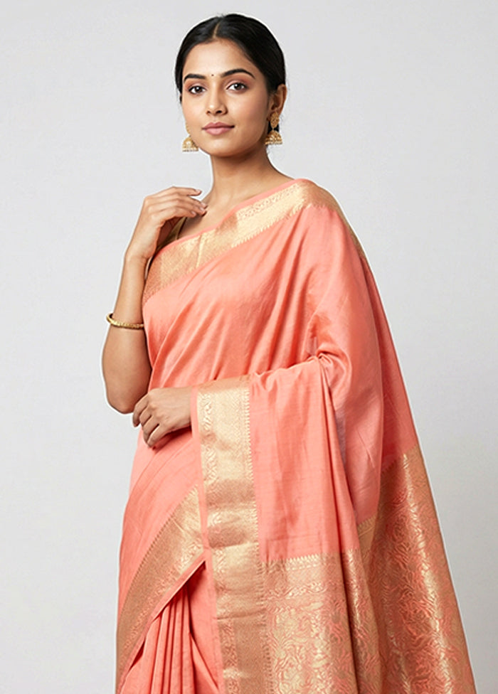 Pink Handloom Dupion Pure Silk Saree With Blouse Piece