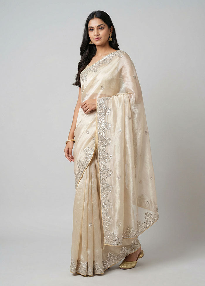 Cream Organza Saree With Blouse Piece