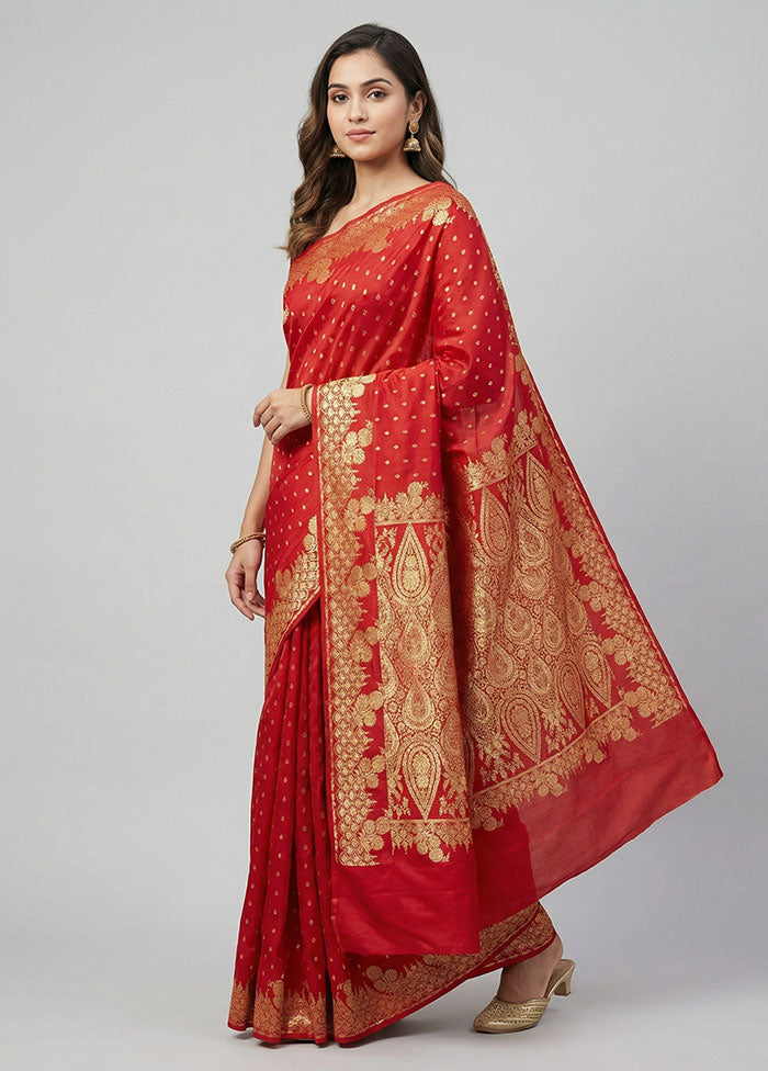 Red Banarasi Silk Saree With Blouse Piece