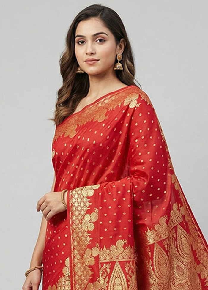 Red Banarasi Silk Saree With Blouse Piece