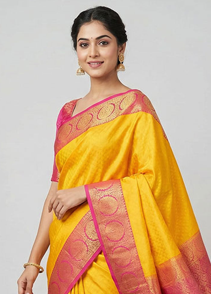 Yellow Kanjivaram Silk Saree With Blouse Piece